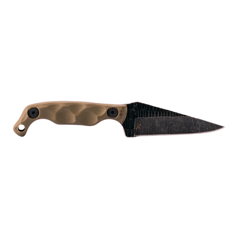 Stroup Knives, Mini, Fixed Blade Knife, 3" Wharncliffe Blade, 6.75" Overall Length, 1095 High Carbon Blade Steel, Plain Edge, Acid Etched Finish, Black, Olive Drab Green G-10 Grip, Includes Kydex Sheath