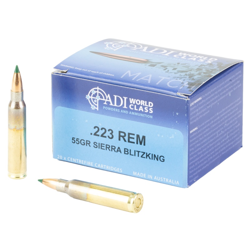 Adi World Class Ammunition, Match, Sierra Blitzking Boat-Tail, 223 Remington, 55 Grain, Brass Cased, 20 Round Box