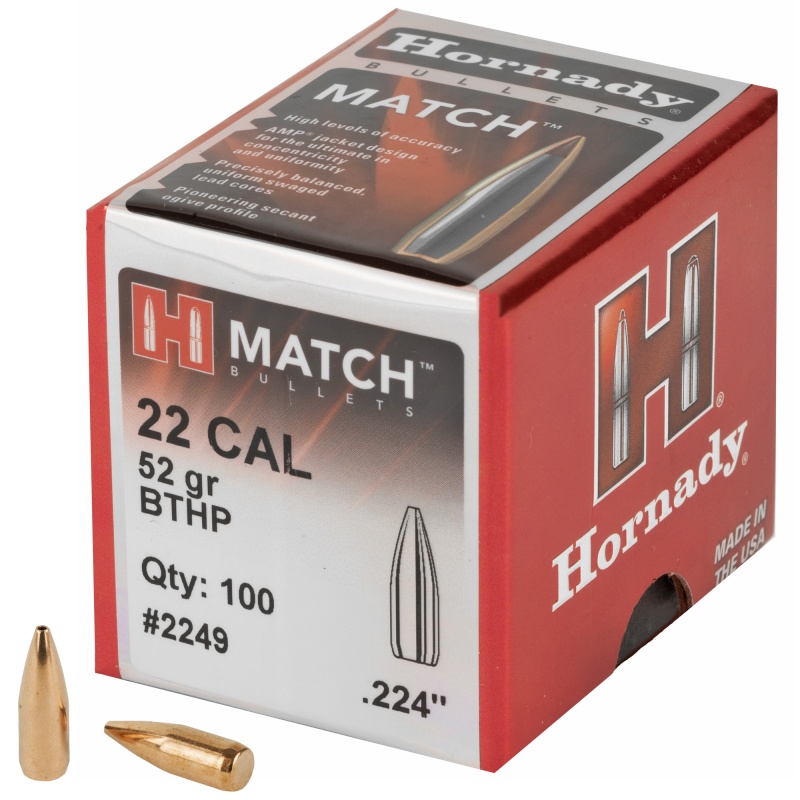 Hornady, Match, .224 Diameter, 22 Caliber, 52 Grain, Boat Tail Hollow Point, 100 Count