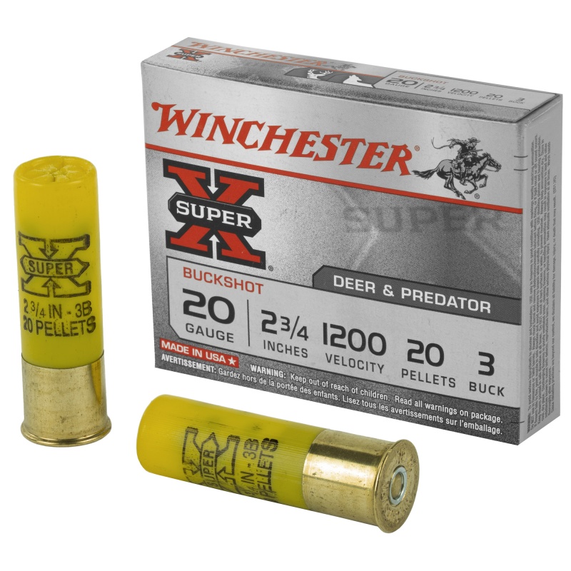 Winchester Ammunition, Super-X, 20 Gauge, 2.75", 3 Buck, Buckshot, 20 Pellets,5 Round Box