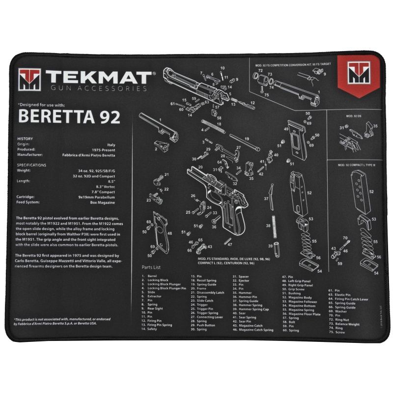 Tekmat, Beretta 92 Ultra Premium Gun Cleaning Mat,15"X20", Includes Small Microfiber Tektowel