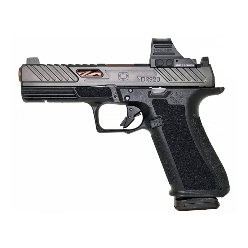 Shadow Systems, Mr920 Elite, Striker Fired, Semi-Automatic, Polymer Frame Pistol, Compact, 9Mm, 4" Bronze Spiral Fluted Barrel, Nitride Finish Slide, Black, Holosun 507C Red Dot, Flat Faced Trigger, Trigger Safety, Front Tritium Night Sight, 15 Rounds, 2 Magazines, Includes Optics Kit, Attache Case, Flared Magwell, Grip Kit, Shadow Systems Tool
