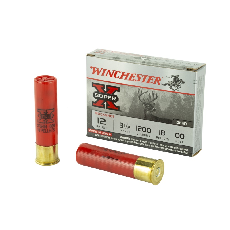 Winchester Ammunition, Super-X, 12 Gauge, 3.5", 00 Buck, Buckshot, 18 Pellets,5 Round Box