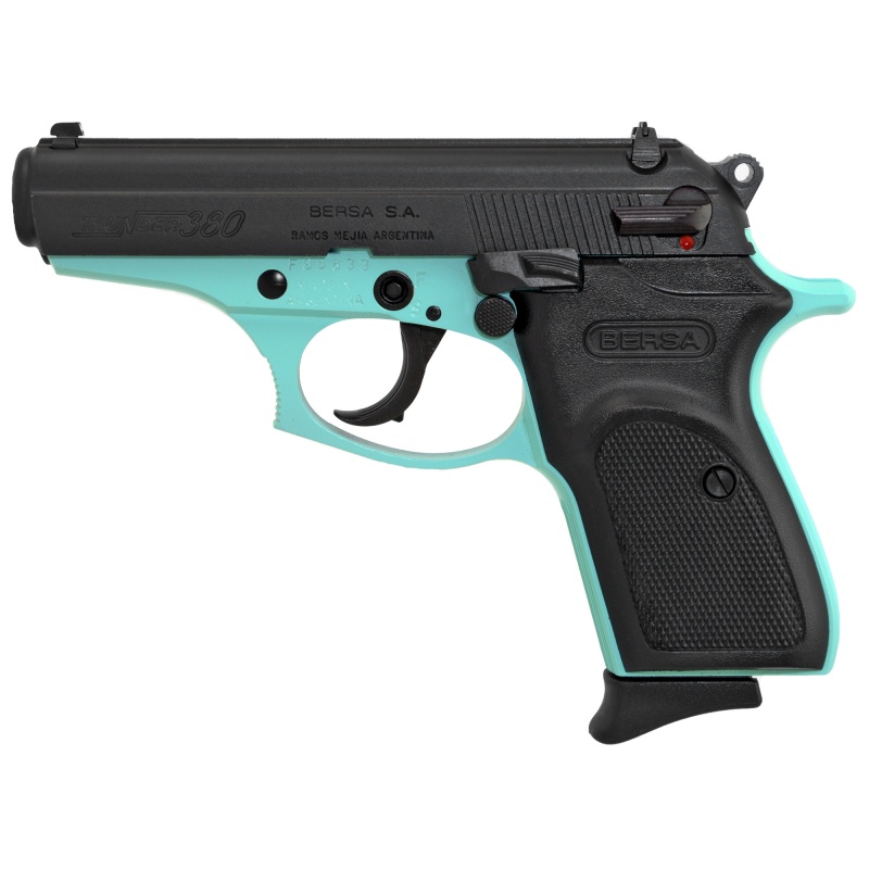 Bersa, Thunder, Double Action/Single Action, Semi-Automatic, Metal Frame Pistol, Compact, 380Acp, 3.5" Barrel, Alloy, Black/Robin's Egg Blue, Polymer Grips, Fixed Sights, 8 Rounds, 1 Magazine