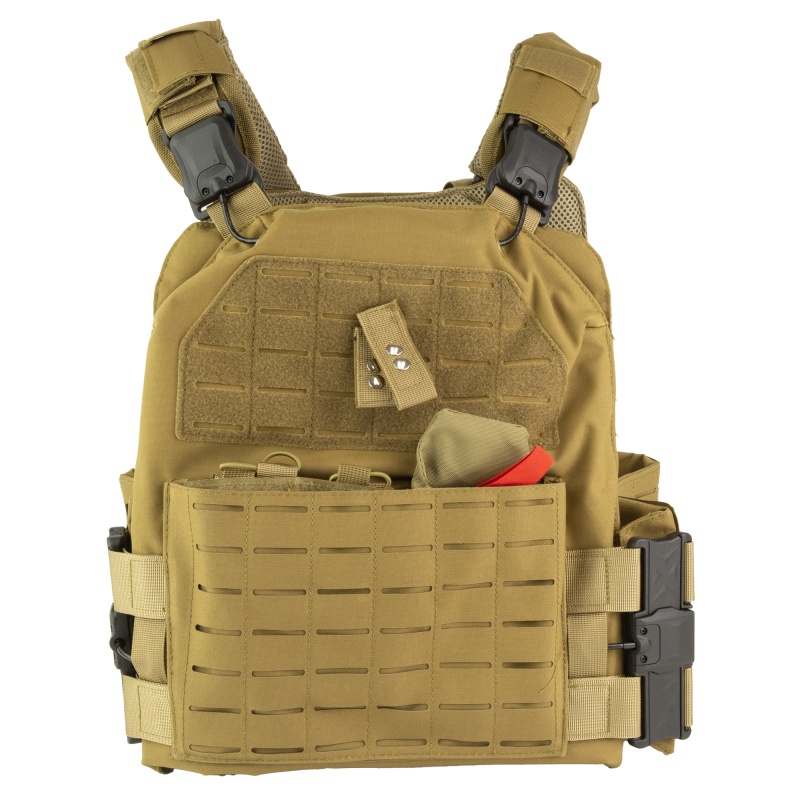 Ncstar, Quick Release Laser Cut Plate Carrier, Tan, Size 2Xl, Quick Release Metal Buckles At Shoulders And Sides, Side Plate Panel Pockets Fit 6"X11" Side Plates, Laser Cut Molle Slots, Kangaroo Pouch, Adjustable Cummerbund, Main Pouch Fits 11"X14" Hard Plates