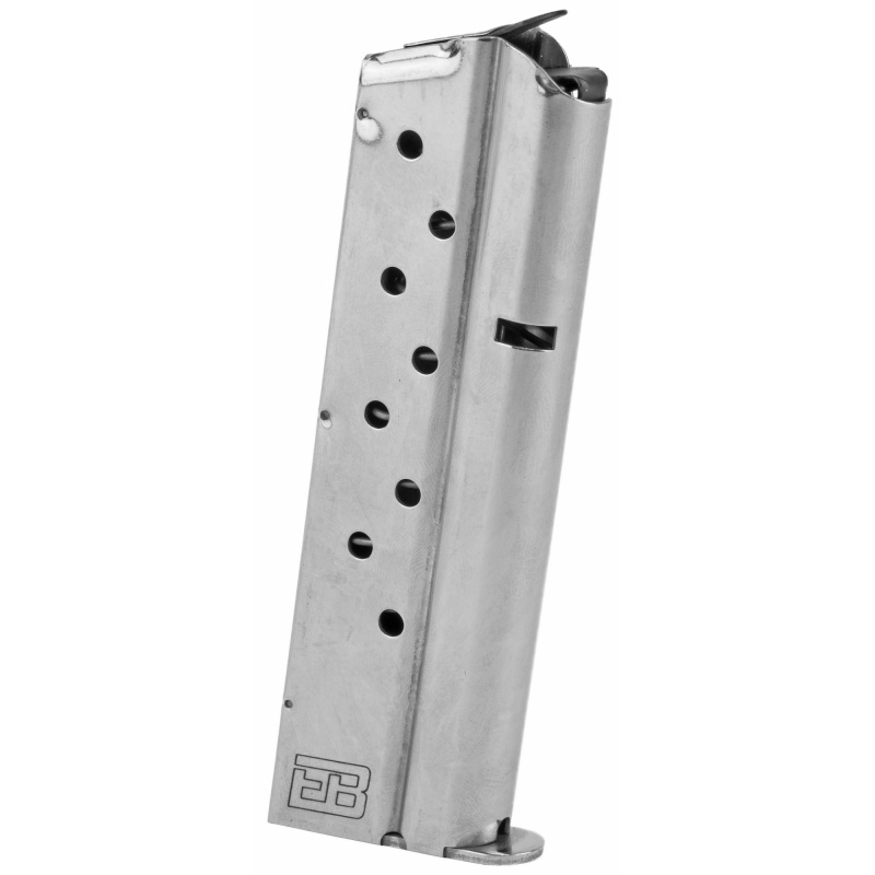 Ed Brown, Magazine, 9Mm, 9 Rounds, Fits 1911, Includes 1 Thick And 1 Thin Base Pad, Stainless, Silver