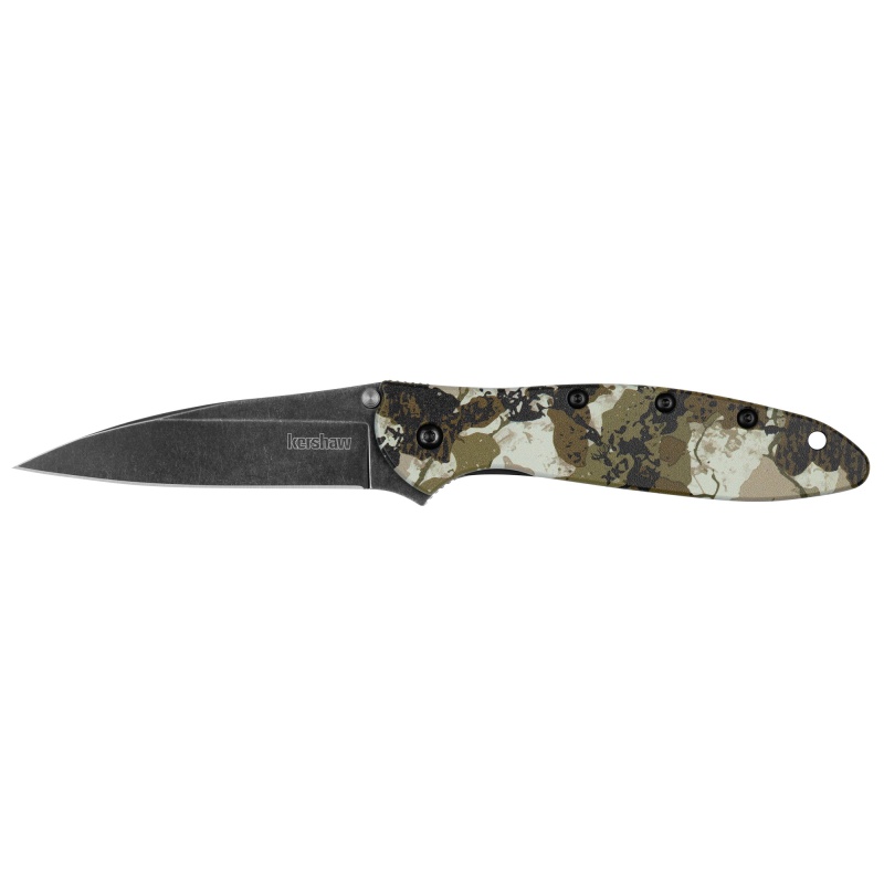 Kershaw, Leek, Assisted Folding Knife, 3" Wharncliffe Blade, 14C28n Blade Steel, 7" Overall Length, Black Stonewash Finish Blade, Plain Edge, 6061-T6 Aluminum Handle, Kings Camo, Flipper, Thumb Stud/Pocket Clip