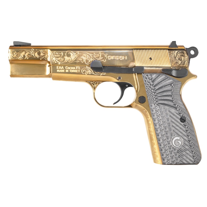 Girsan, Mcp35, Single Action Only, Semi-Automatic, Metal Frame Pistol, Full Size, 9Mm, 4.87" Barrel, Steel, Gold, G10 Grips, Engraved Frame, Dovetail Sights, Ambidextrous Thumb Safety, 15 Rounds, 1 Magazine