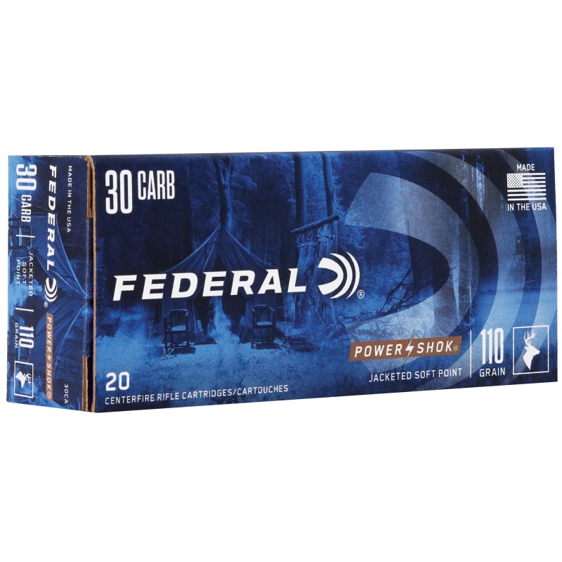 Federal, Powershok, 30 Carbine, 110 Grain, Jacketed Soft Point, Round Nose, 20 Round Box