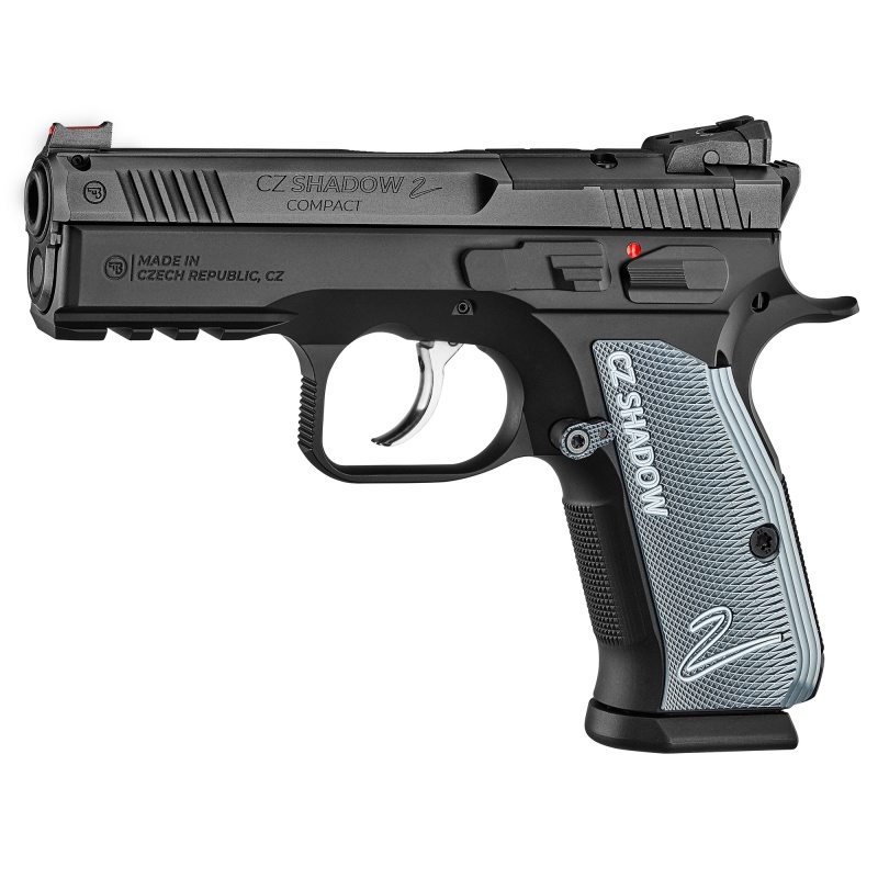 Cz, Shadow 2 Compact, Double Action/Single Action, Semi-Automatic, Metal Frame Pistol, 9Mm, 4" Barrel, Matte Finish, Black, Aluminum Grips, Manual Safety, Optics Cut Slide, Red Fiber Optic Front Sight/Adjustable Rear, 15 Rounds, 2 Magazines