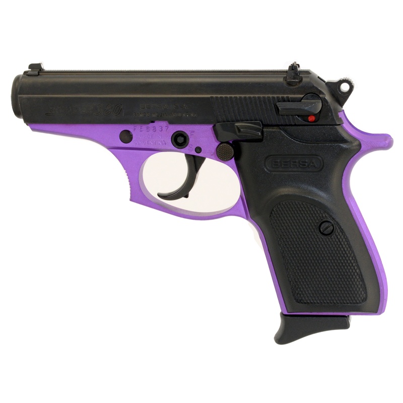 Bersa, Thunder, Double Action/Single Action, Semi-Automatic, Metal Frame Pistol, Compact, 380Acp, 3.5" Barrel, Alloy, Matte Finish, Black And Purple, Polymer Grips, Fixed Sights, 8 Rounds, 1 Magazine