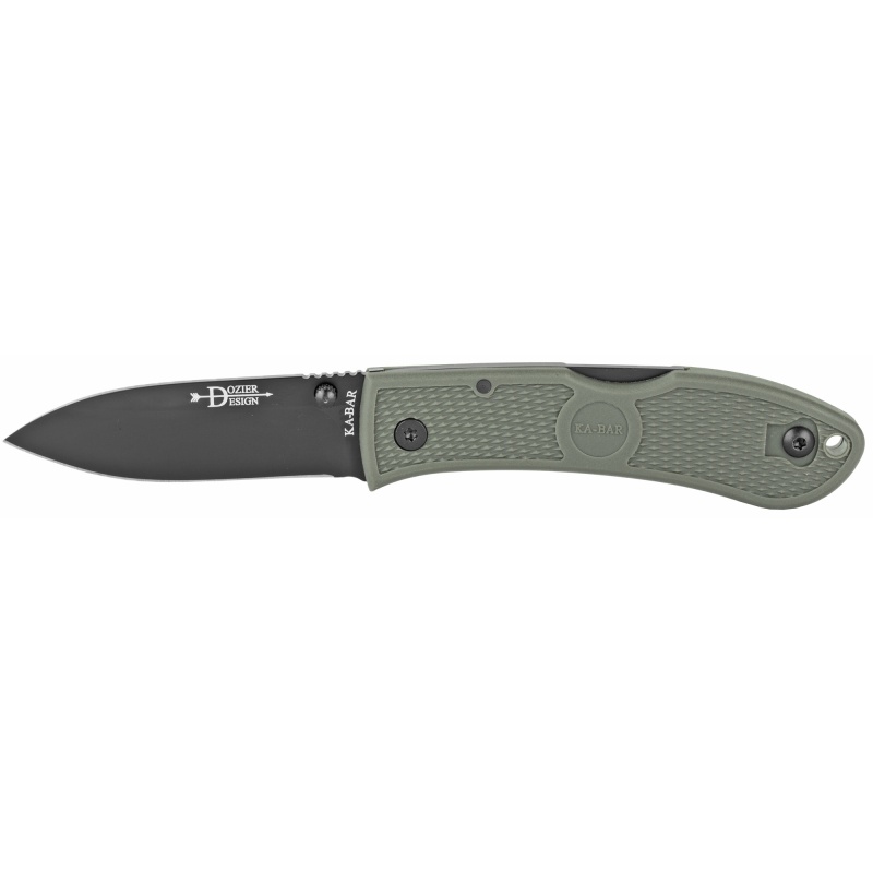 Ka-Bar Knives, Dozier, Hunter, Folding Knife, 3" Blade Length, 7.25" Overall Length, Plain Edge, Aus 8A Steel, Matte Finish, Black, Foliage Green Zytel Handle, Dual Thumb Stud/Pocket Clip