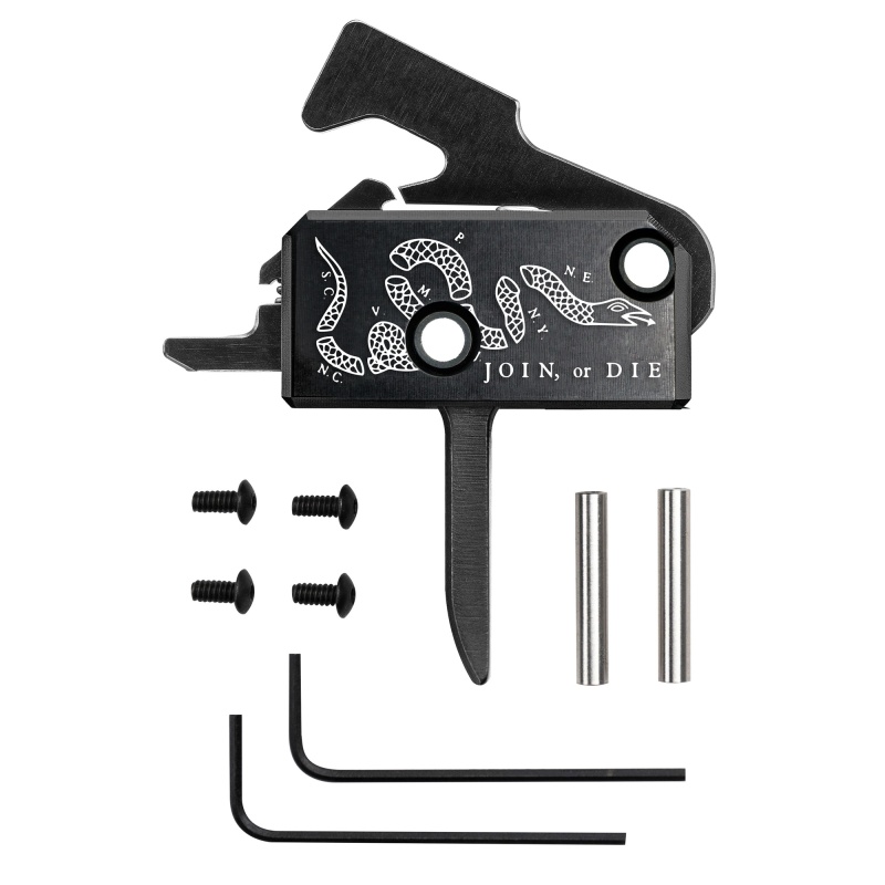 Rise Armament, Super Sporting Trigger, Join Or Die, Flat Trigger, Anodized Finish, Black, Includes Anti-Walk Pins
