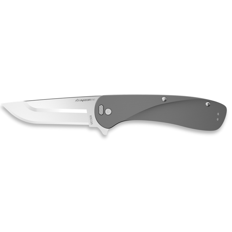 Outdoor Edge, Razor Vx1, Folding Knife, Plain Edge, 3" Blade Length, 7.3" Overall Length, 420J2 Stainless Steel, Includes (2) Standard Plain Edge And (1) Partially Serrated Blade, Anodized Gray Finish, Aluminum Scales, Stainless Steel Blade Holder, Reversible Deep Carry Clip