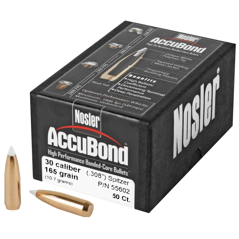 Nosler, Accubond, .308 Diameter, 30 Caliber, 165 Grain, Spitzer Boat Tail, 50 Count