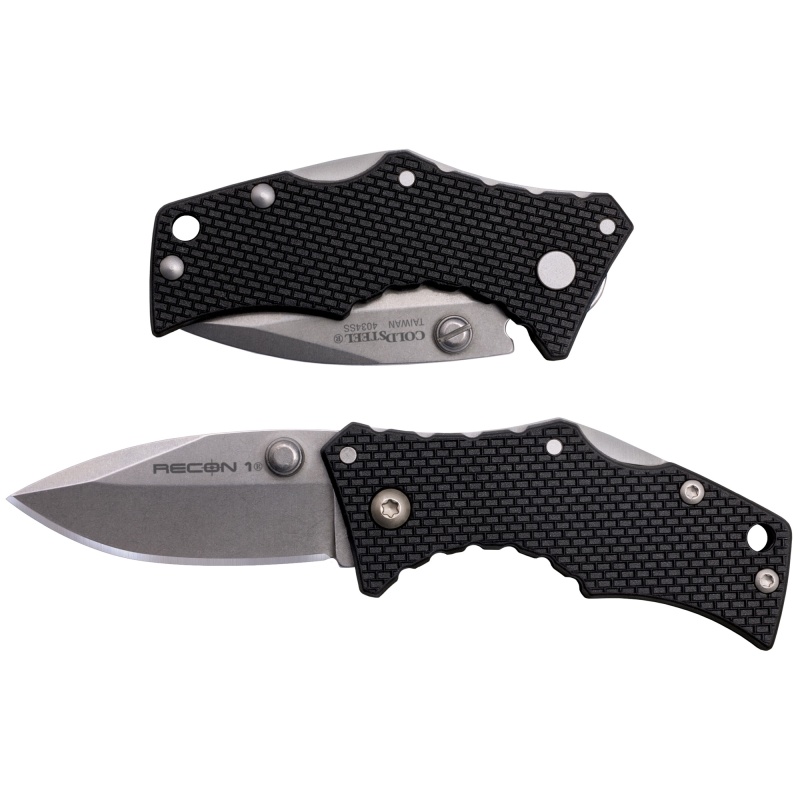Cold Steel, Micro Recon 1, Folding Knife, 2" Spear Point Blade, 4.375" Overall Length, 4034 Stainless Blade Steel, Plain Edge, Stonewash Finish, Silver, Black Griv-Ex Handle, Tri-Ad Lock