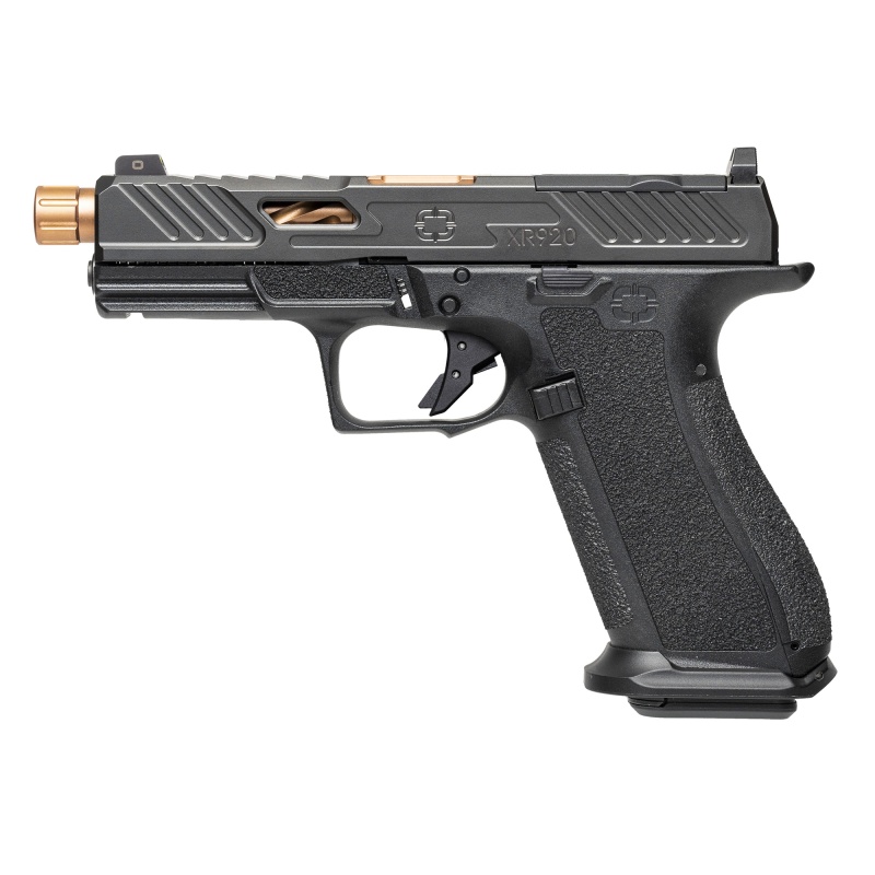 Shadow Systems, Xr920 Elite, Striker Fired, Semi-Automatic Pistol, Full Size, 9Mm, 4.5" Threaded Bronze Spiral Fluted Barrel, Polymer Frame, Nitride Finish, Black, Front Night Sight, Trigger Safety, 17 Rounds, Includes 2 Magazines, Optics Kit, Grip Kit, Attache Case, Magwell, Shadow Systems Tool, Right Hand