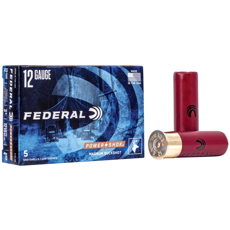 Federal, Powershok, 12 Gauge, 3", 4 Buck, Mag Dram, Buckshot, 41 Pellets, 5 Round Box