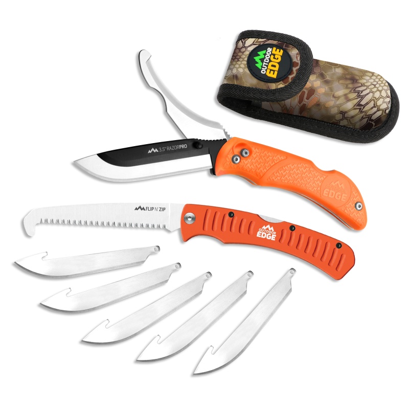 Outdoor Edge, Razor Pro, Folding Knife And Saw Combo, Plain Edge, 3.5" Blades, 420J2 Stainless Steel, Orange Handle, Includes (6) Drop Point Blades And Gut Blade