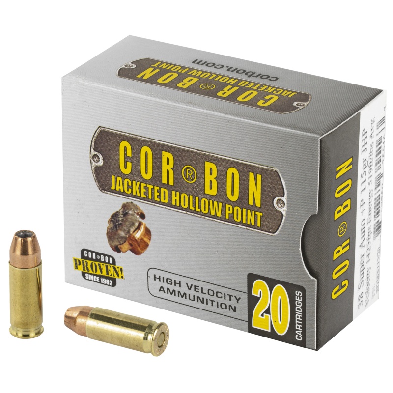 Corbon Ammo, Self Defense, 38 Super, 115 Grain, Jacketed Hollow Point, +P, 20 Round Box