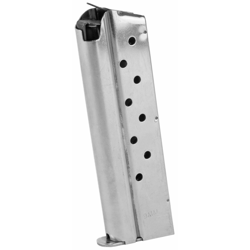 Ed Brown, Magazine, 9Mm, 9 Rounds, Fits 1911, Includes 1 Thick And 1 Thin Base Pad, Stainless, Silver