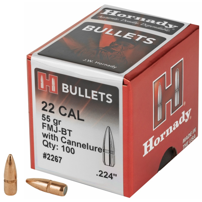 Hornady, Fmj-Bt, .224 Diameter, 22 Caliber, 55 Grain, Boat Tail, 100 Count