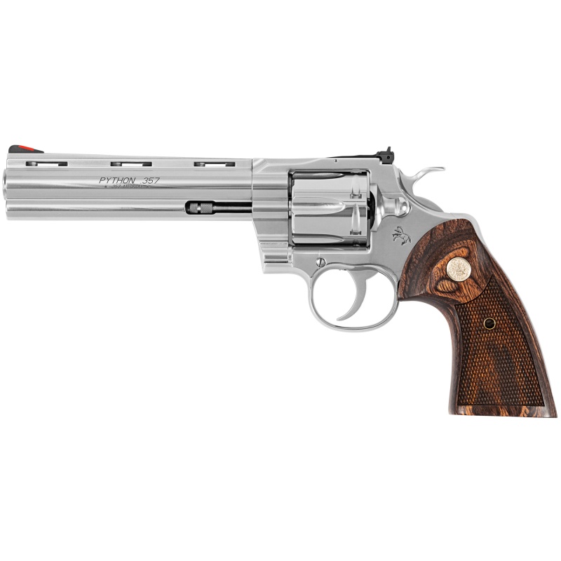 Colt's Manufacturing, Python, Revolver, Double/Single Action Only, 357 Magnum, 6" Barrel, Steel, Stainless Finish, Walnut Grips, Red Ramp Front/Adjustable Rear Sight, 6 Rounds