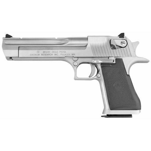 Magnum Research, Desert Eagle, Mk19, Single Action, Semi-Automatic, Metal Frame Pistol, Full Size, 44 Magnum, 6" Barrel, Steel, Brushed Finish, Silver, Rubber Grips, Fixed Sights, Ambidextrous Thumb Safety, 8 Rounds, 1 Magazine, Ambidextrous, California Compliant