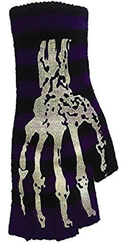 Halloween Wholesalers Striped Short Fingerless Gloves With Skeleton Print in Purple