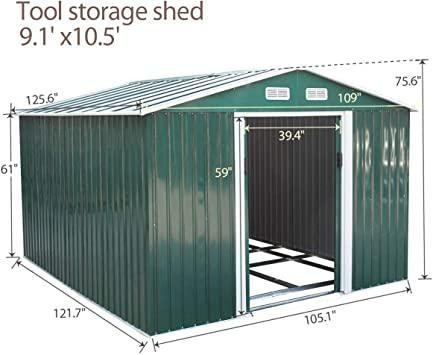 9.1' X 10.5' Large Outdoor Storage Steel Shed With Gable Roof 4 Vents A Double Sliding Door Stable Base Sturdy Green And White