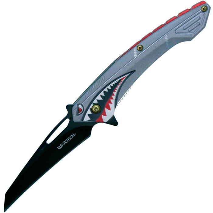 Assisted Open Folding Pocket Knife Gray With Flying Shark Design