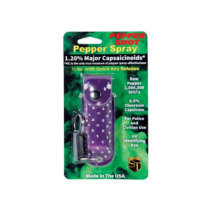 Pepper Shot 1.2% Mc 1/2 Oz Rhinestone Leatherette Holster And Quick Release Keychain Purple