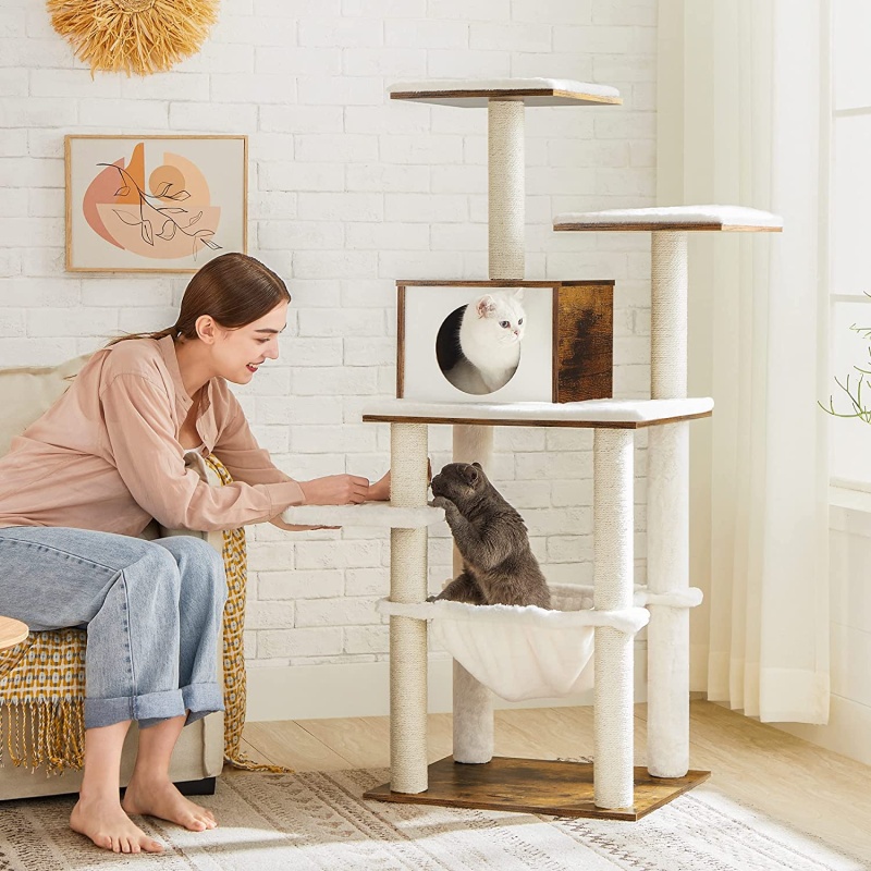 white-brown-large-cat-tree-with-hammock