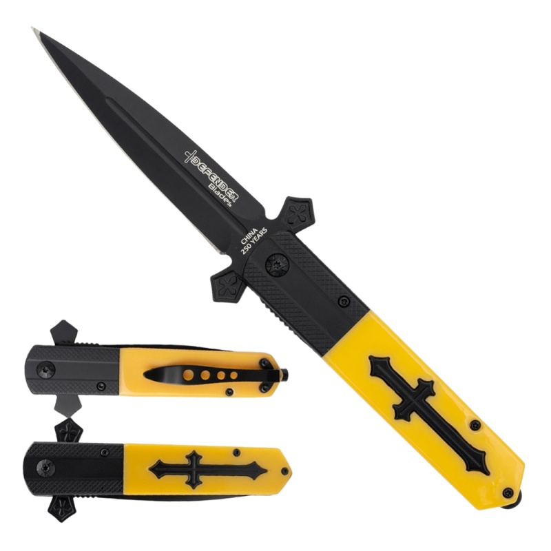 9" Black Blade Yellow Poly Resin Handle W/ Cross Design Spring Assisted Folding Knife With Clip
