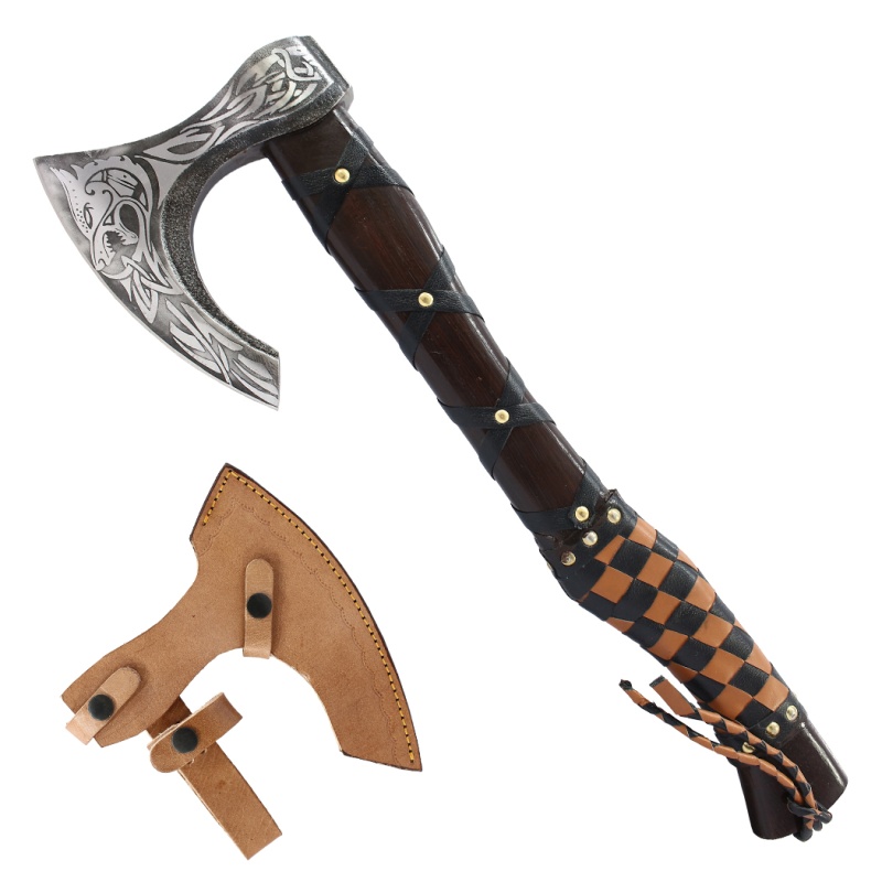 Theboneedge 19.5" Brown & Black Leather Wrapped Handle Hunting Axe With Sheath
