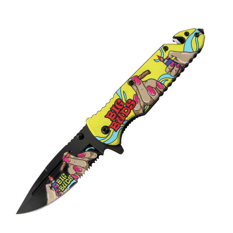 8.5" Fingers Design Yellow Handle Spring Assisted Folding Knife W/ Belt Cutter