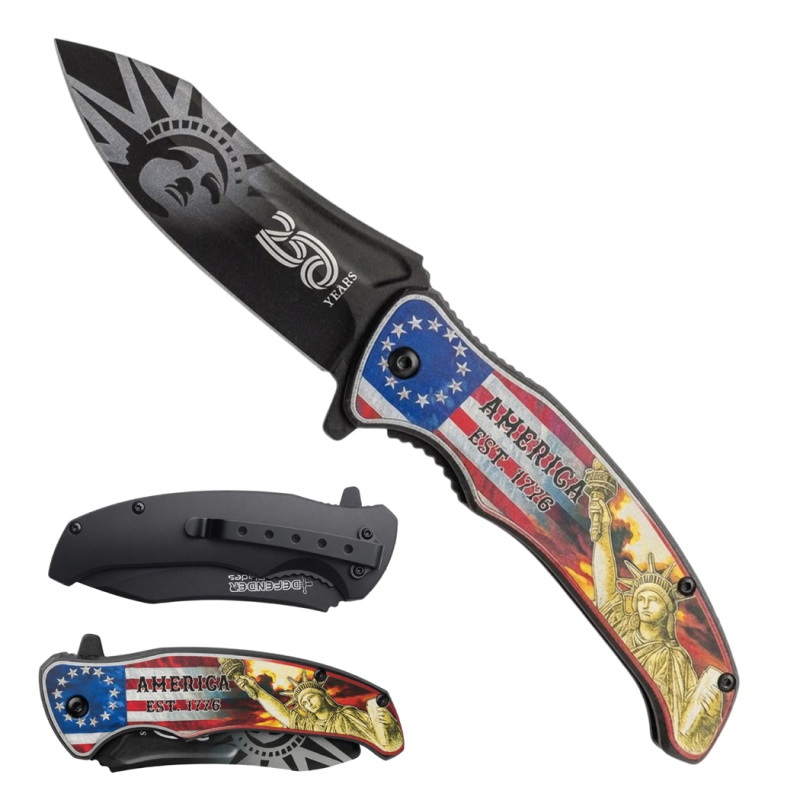 8.5" Statue Of Liberty & Usa Flag Design Printed Handle Spring Assisted Folding Knife With Belt Clip