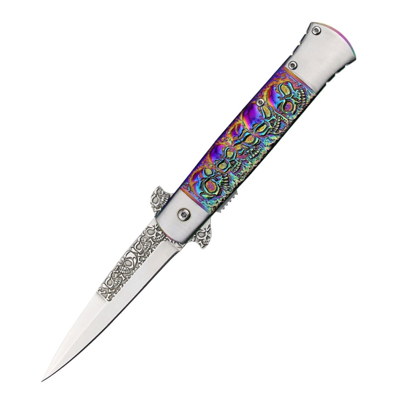 8" Multi Color Skull Pattern Spring Assisted Folding Knife