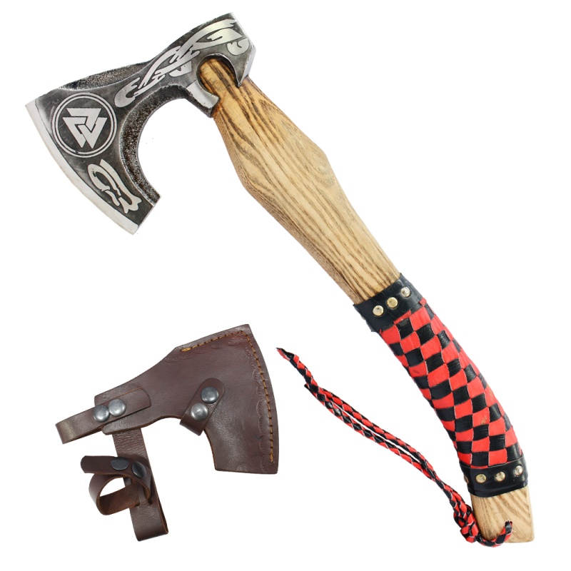 Theboneedge 17.5" Steel Blade Black & Red Leather Wrapped Handle Hunting Axe With Sheath