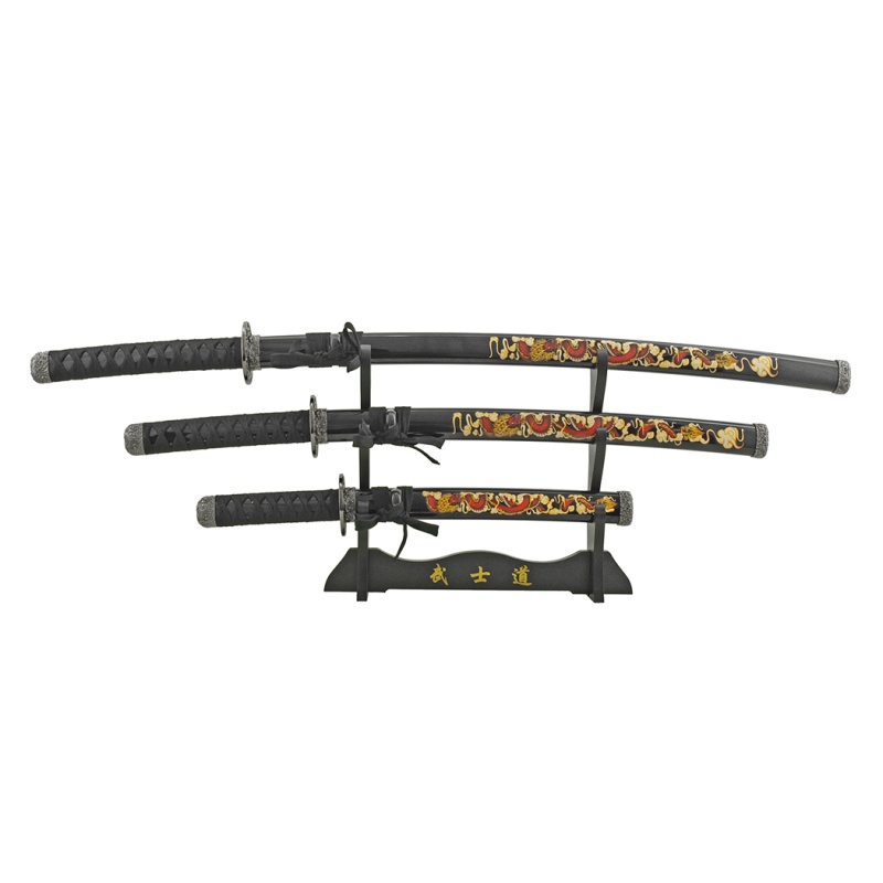39.5" Dragon Print Design Carbon Steel Blade Samurai Sword Black 3Pcs Set With Stand