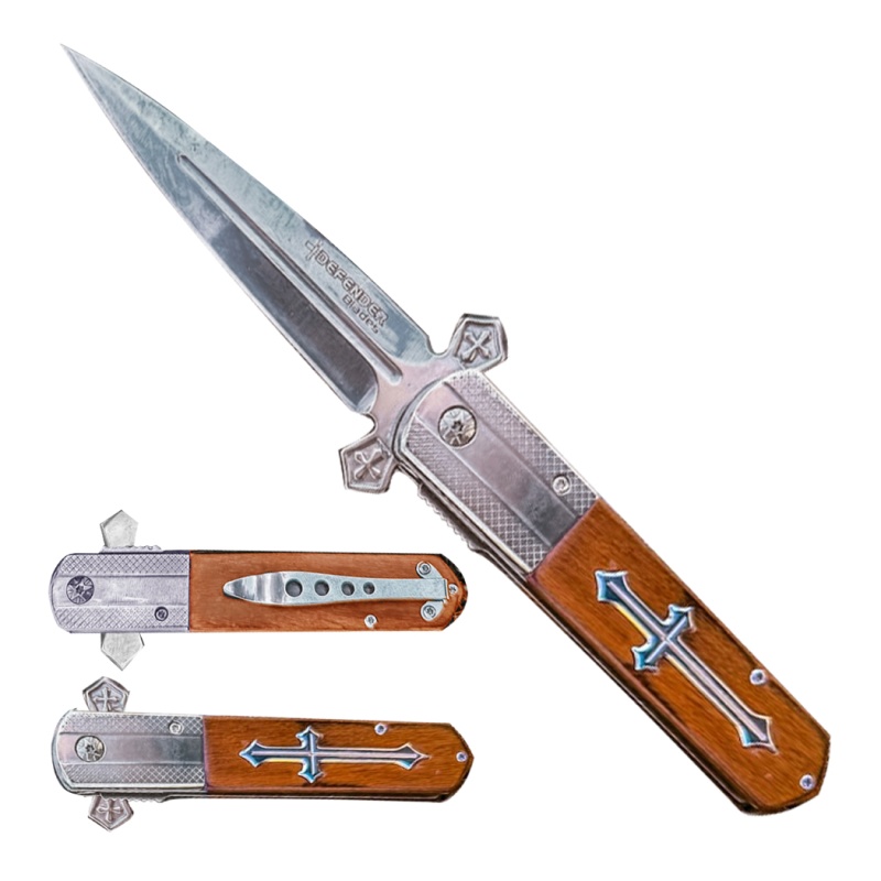 9" Silver Blade Poly Resin Handle W/ Cross Design Spring Assisted Folding Knife With Clip