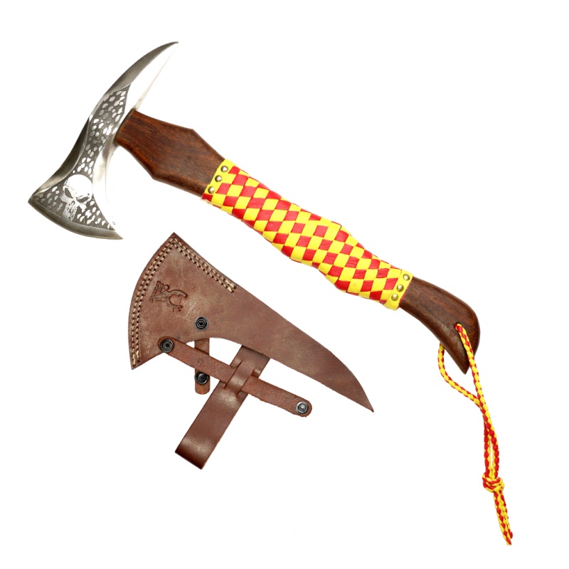 Theboneedge 17.5" Hunting Axe Red & Yellow Leather Wrapped Handle With Sheath