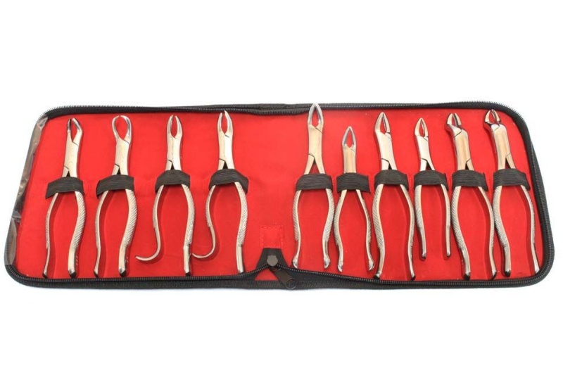 10 Pcs Dental Extracting Forceps Kit With Velvet Pouch