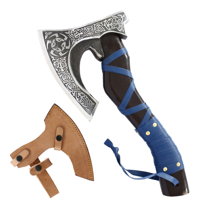 Theboneedge 14" Blue Leather Wrapped Handle Steel Blade Hunting Axe With Sheath
