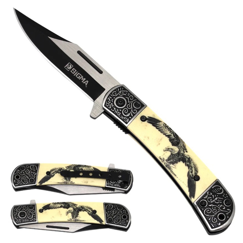 8.25" Two Tone Blade Eagle Design Handle Ball Bearing Folding Pocket Knife