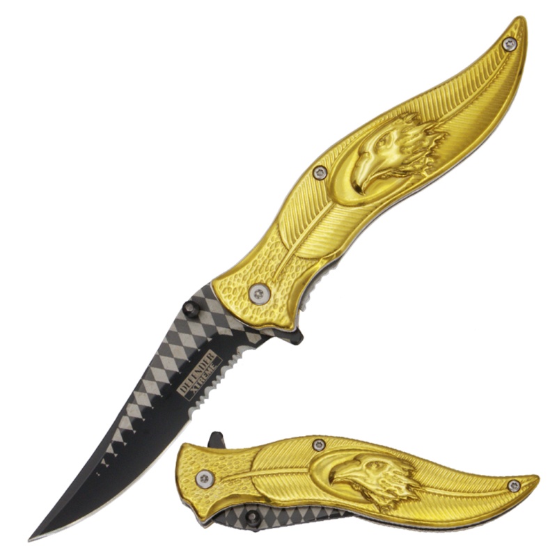 Defender-Xtreme 8.5" Golden Titanium Coating Leaf Style Handle Spring Assisted Folding Knife