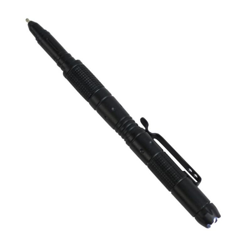 6" Defender Xtreme Black Aluminum Tactical Pen with Built-In Light