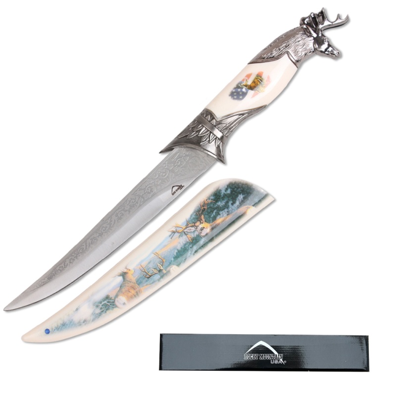 13.5" Engrave Stainless Steel Blade Deer Head Fantasy Dagger With White Scabbard