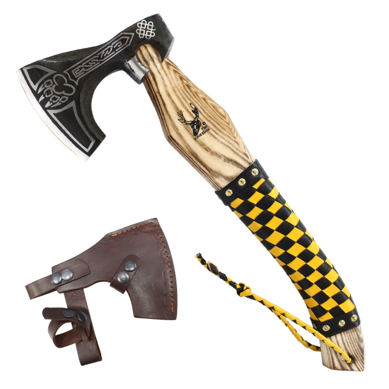 Theboneedge 17.5" Steel Blade Black & Yellow Leather Wrapped Handle Hunting Axe With Sheath