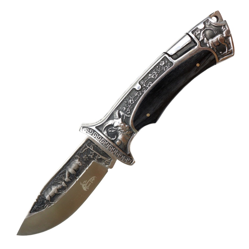 Theboneedge 9" Black Pakkawood Handle Engraved Design Folding Knife 3Cr13 Stainless Steel